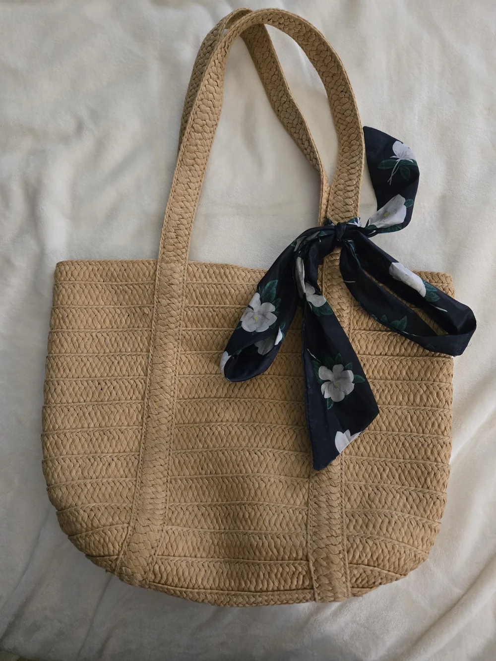 Draper James Woven Straw Tote Bag with Floral Scarf Accent - Tan - Picture 1 of 4